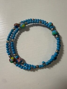 Blue Beaded Coil Bracelet with Multicolor Accent Beads
